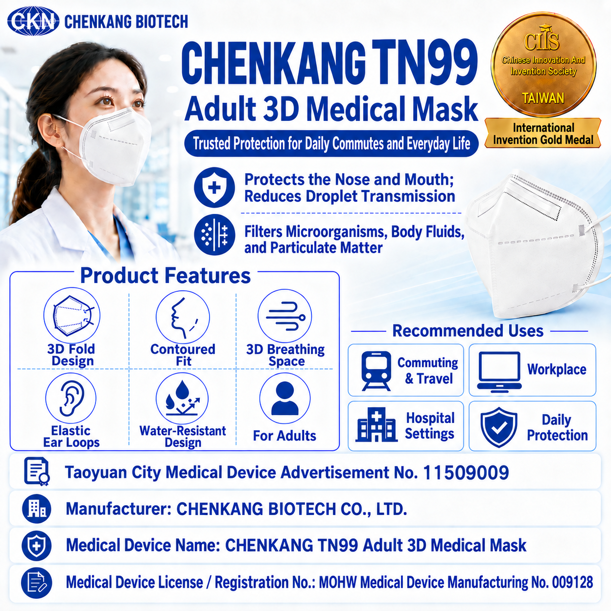 CHENKANG TN99 Adult 3D Medical Mask features and recommended uses