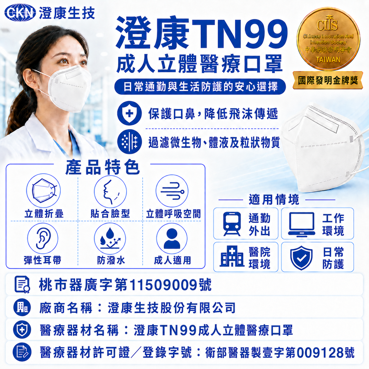 澄康TN99成人立體醫療口罩產品特色與適用情境