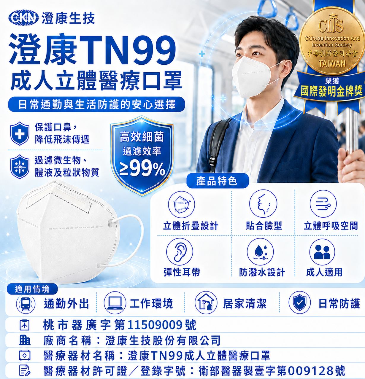 澄康TN99成人立體醫療口罩產品特色及醫療器材資訊